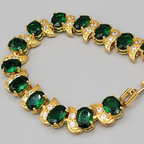 Gold Tone Bracelet With Green & Clear CZ Stones Prong Set Adjustable - Picture 4 of 7